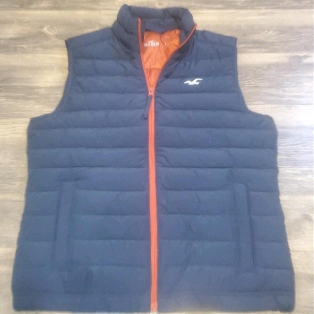 Hollister Navy Puffer Vest with Orange Accents